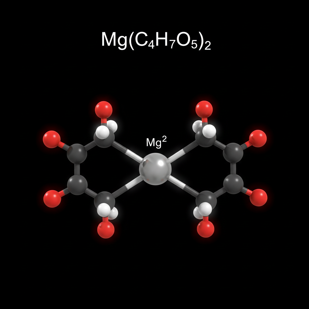 3-D Magnesium L-Threonate molecule with the formula centered above with a black background and a square shape