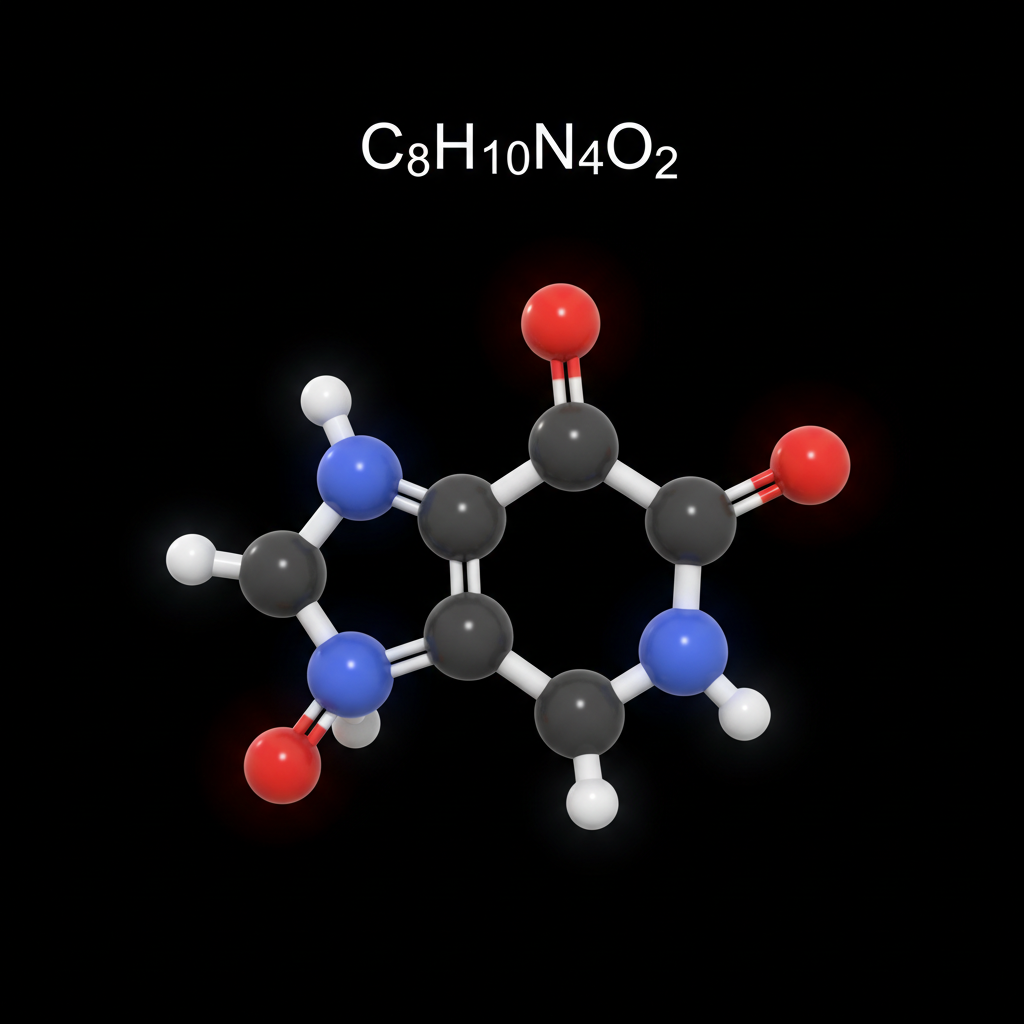 3 dimensional caffeine molecule with only the formula centered above with a black background that is squared shaped