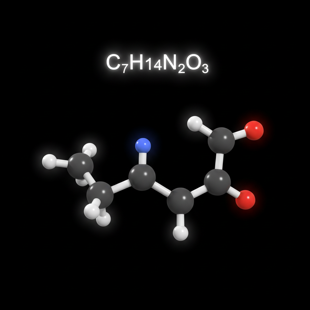 3 dimensional l-theanine molecule with only the formula centered above with a black background that is square shaped