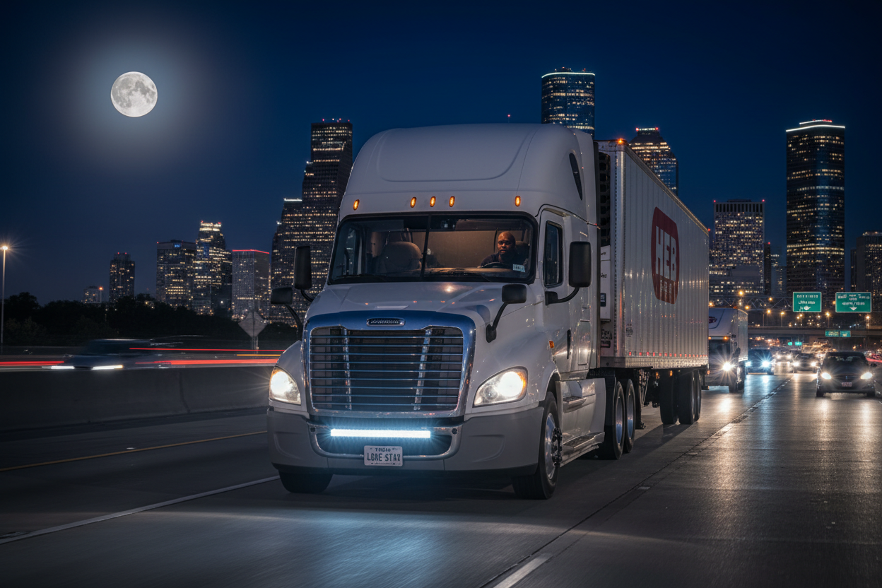 A white 2013 freightliner mid-roof  big rig with Texas License plates coming at you on the highway with a bald black man driving at night with lights shinning and a chrome grill gleaming, with black mirrors and a grey bumper and dual drive axles, with a 33" white led light bar below the grille and above the license plate pulling an HEB branded refrigerated trailer in traffic with the Houston, Texas skyline looming large and a full supermoon in the upper left 